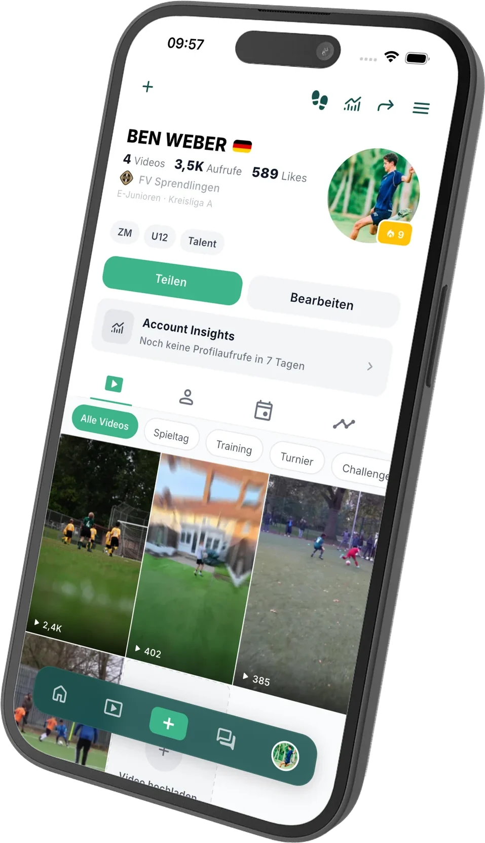 Spielerprofil in der TalentOne App mit Videos, Aufrufen und Account Insights