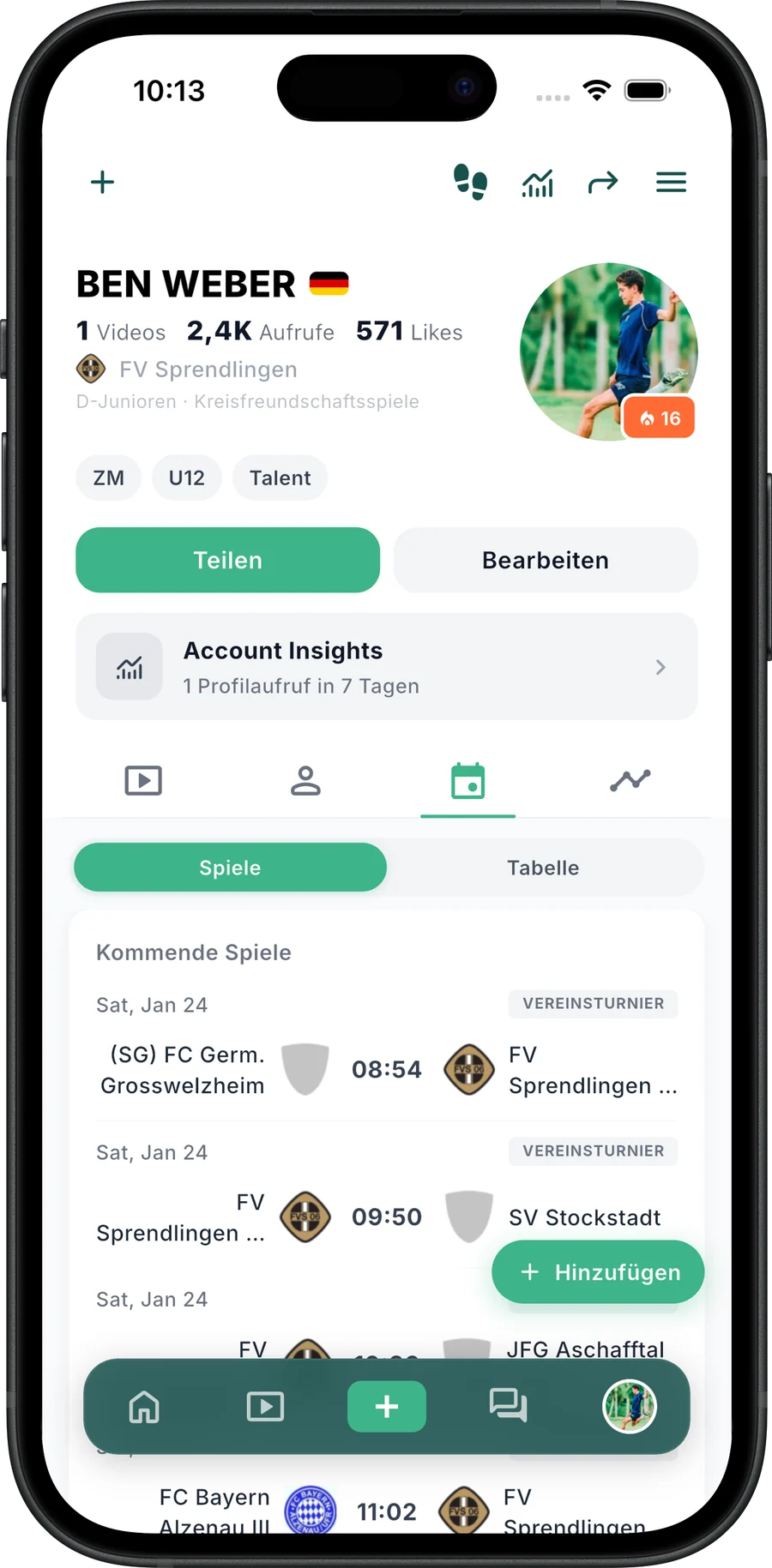 Spielplan im TalentOne-Profil mit kommenden Spielen und Tabelle