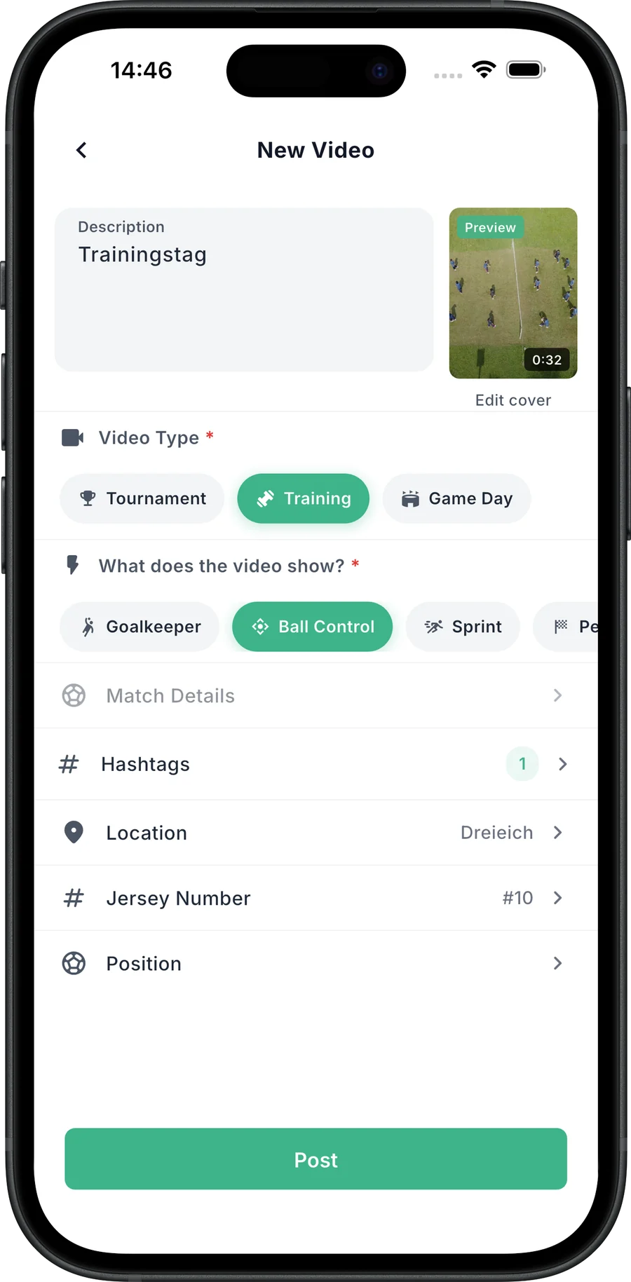 Upload-Maske der TalentOne App mit Videotyp, Szenenart, Hashtags und Position