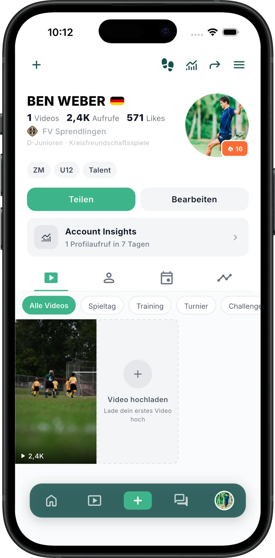 Video-Reiter im TalentOne-Profil mit Filtern für Spieltag, Training und Turnier